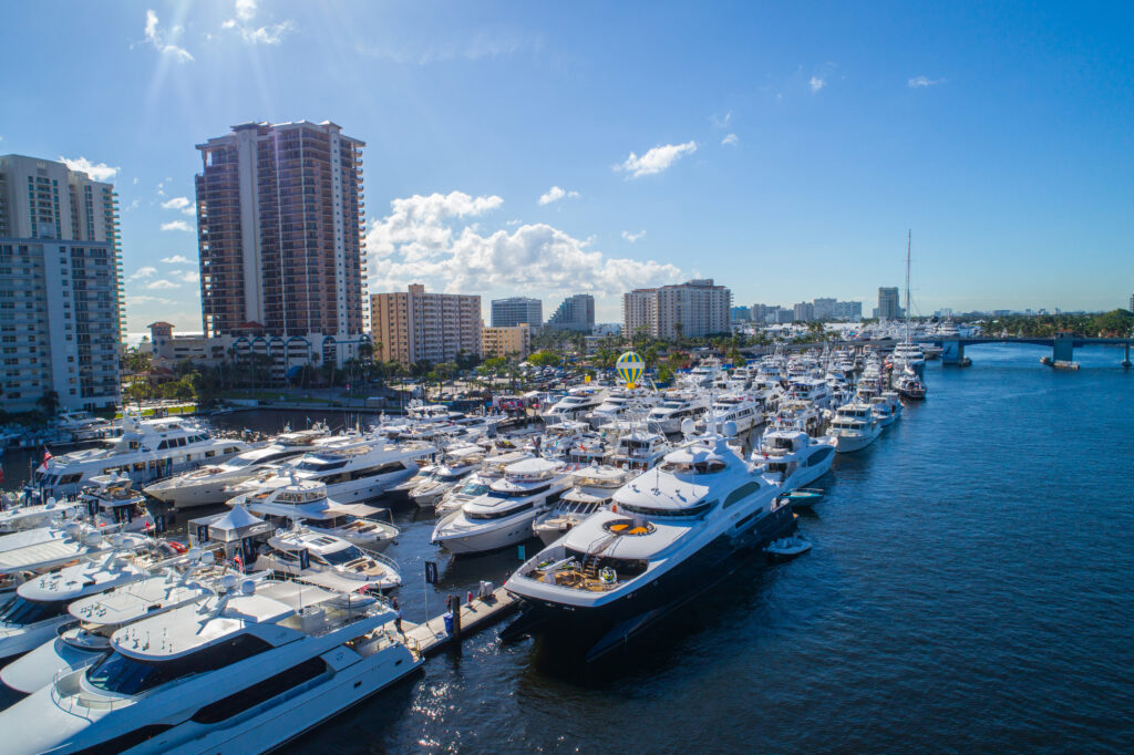 Aerial image of a marina with yachts in Fort Lauderdale during FLIBS