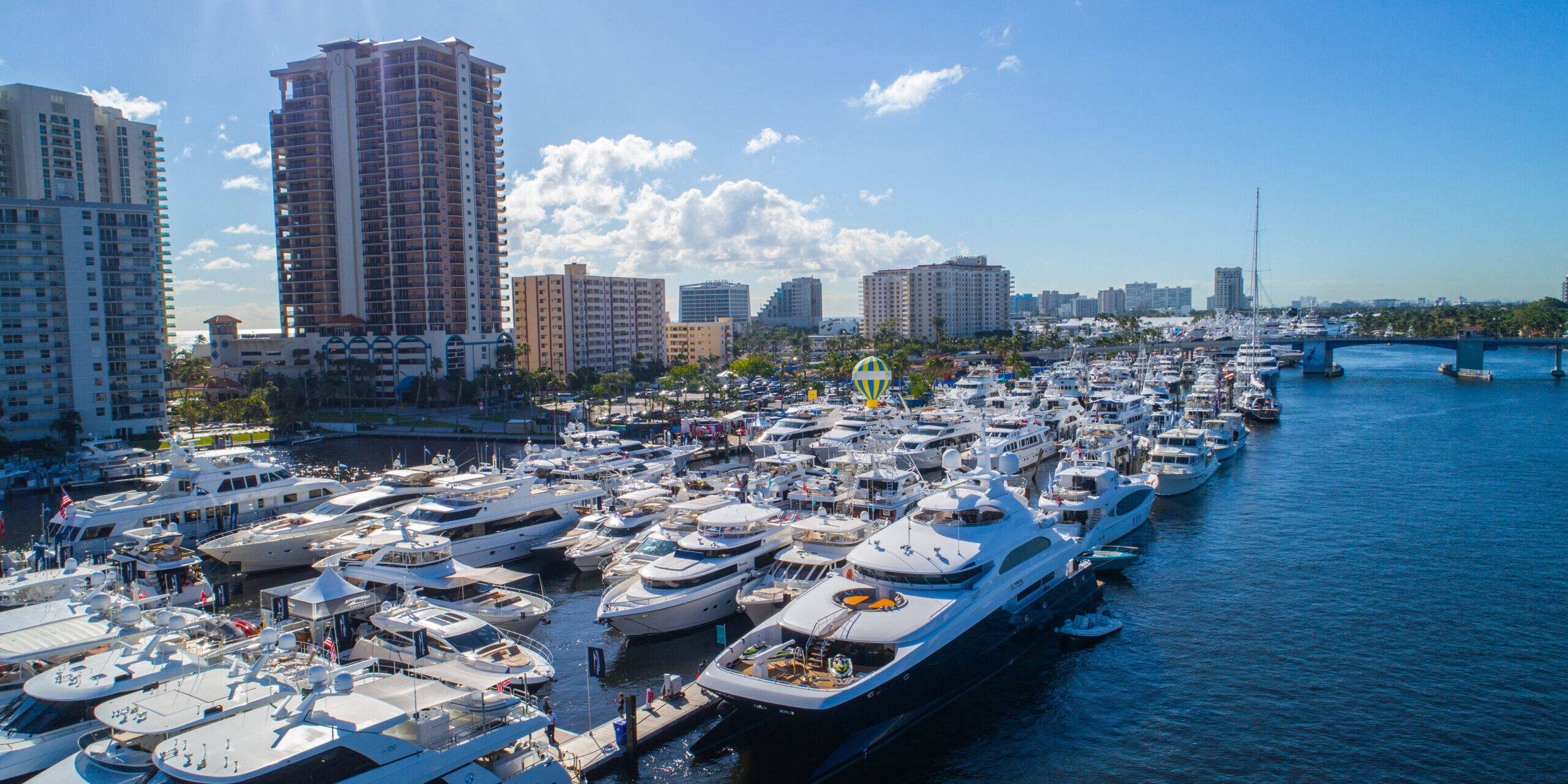 Aerial image of a marina with yachts in Fort Lauderdale during FLIBS